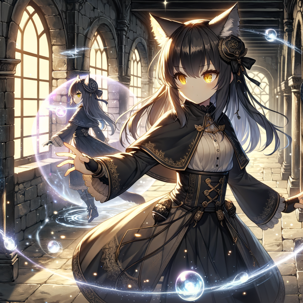 貓影潛行廊道深，身形半隱霧中行。魔粒流轉金瞳警，無聲無息探虛實。