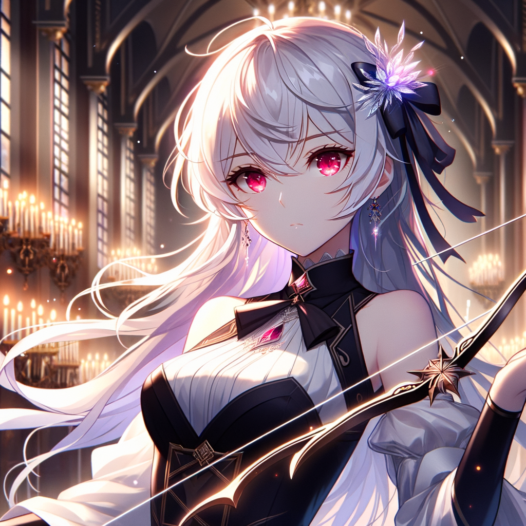 白髮狙手窗畔伏弓，赤瞳如電穿透夜幕。弓尖青煙裊裊升騰，宴廳燭火映驚慌。