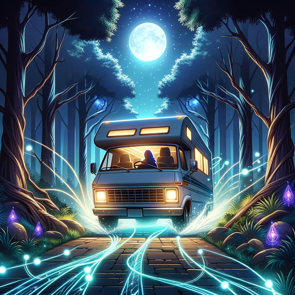 魔導車穿黑森林，月華透樹影斑駁。車燈刺破重重夜，結界流光護行舟。