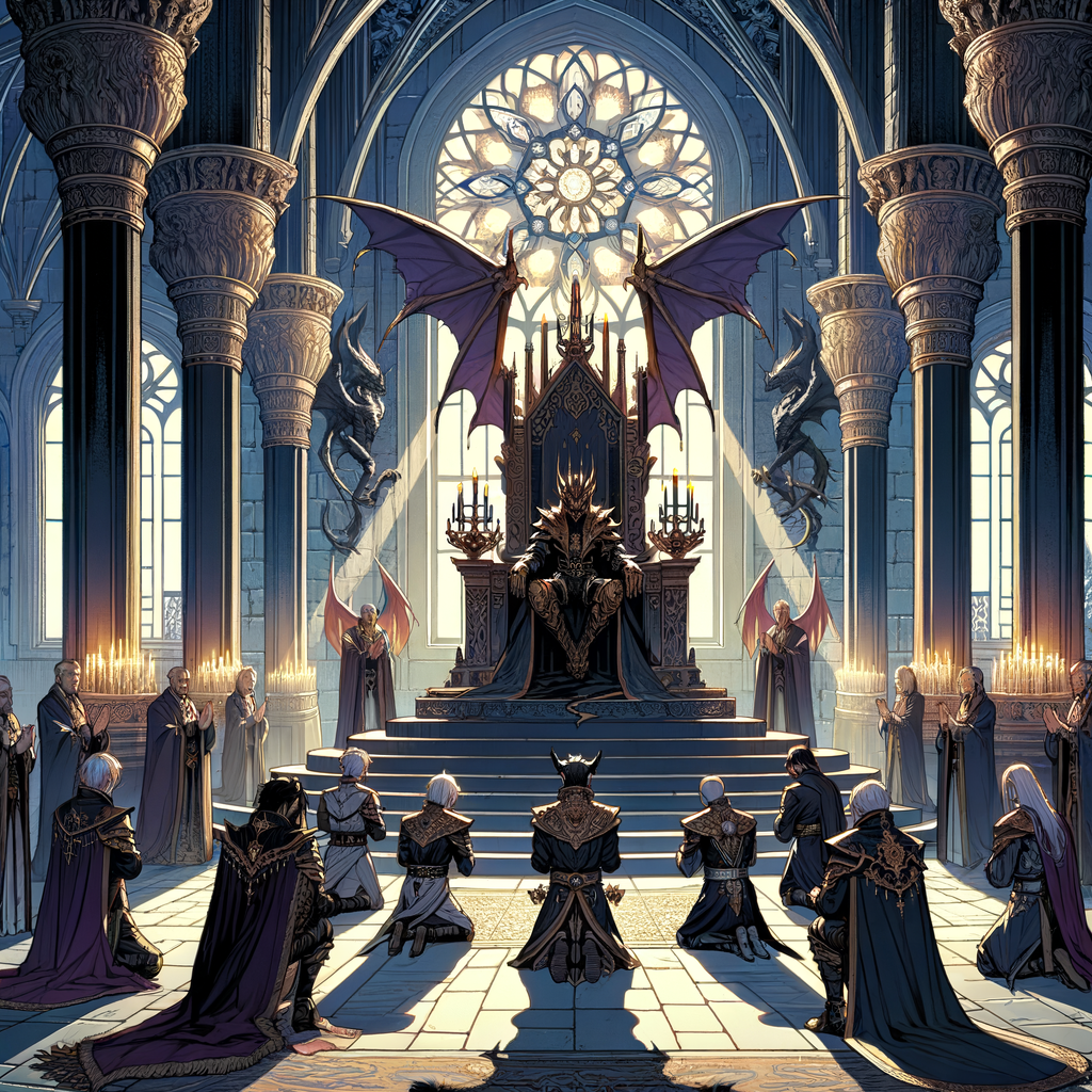 王座之廳燈火煌，新王即位眾臣拜。莊嚴神聖此一刻，承前啟後誓言載。