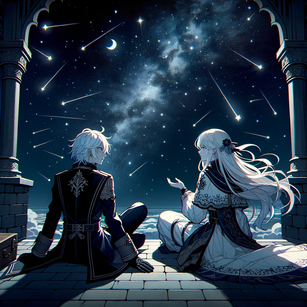 高塔露台星河垂，二人並肩話舊新。白髮銀髮月下輝，萬籟俱寂心相知。