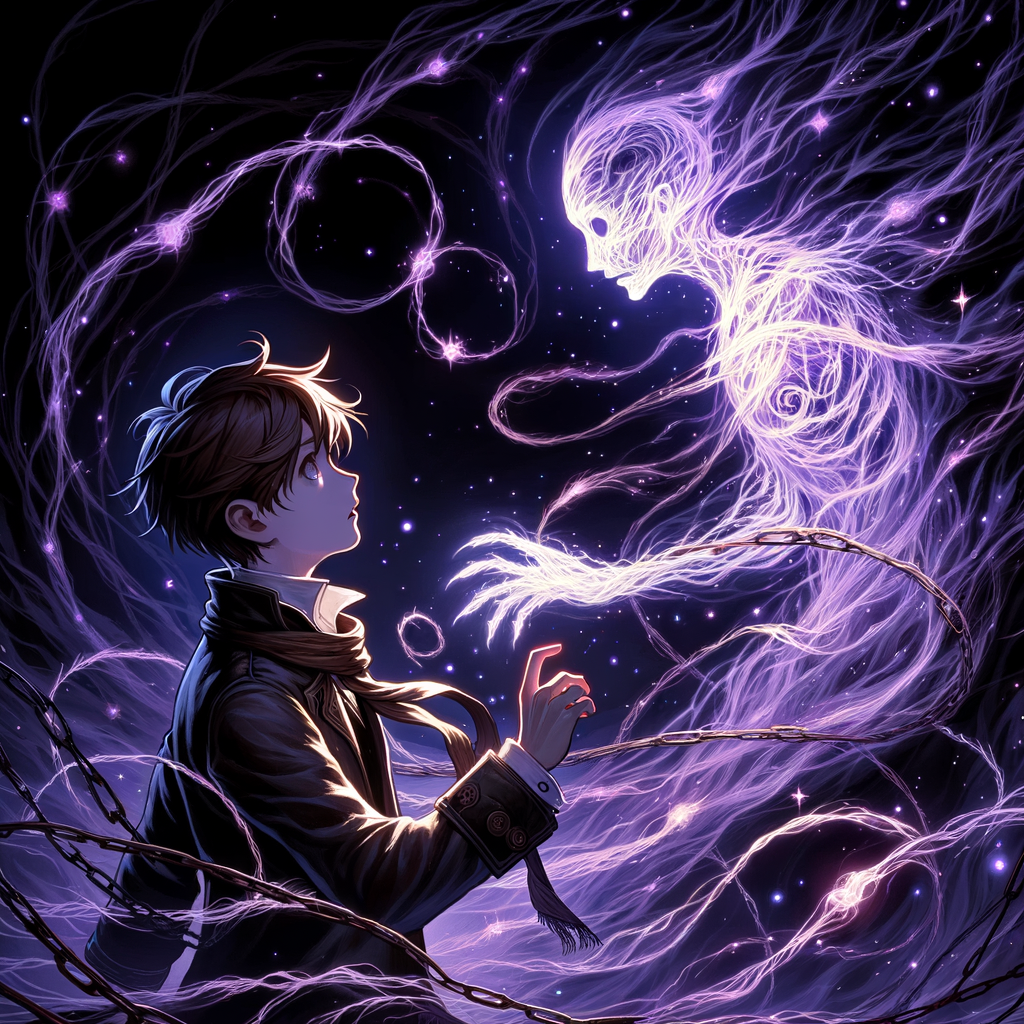 少年對峙先祖魂，眸中堅定不曾退。紫芒交織互相撞，血脈傳承意志爭。