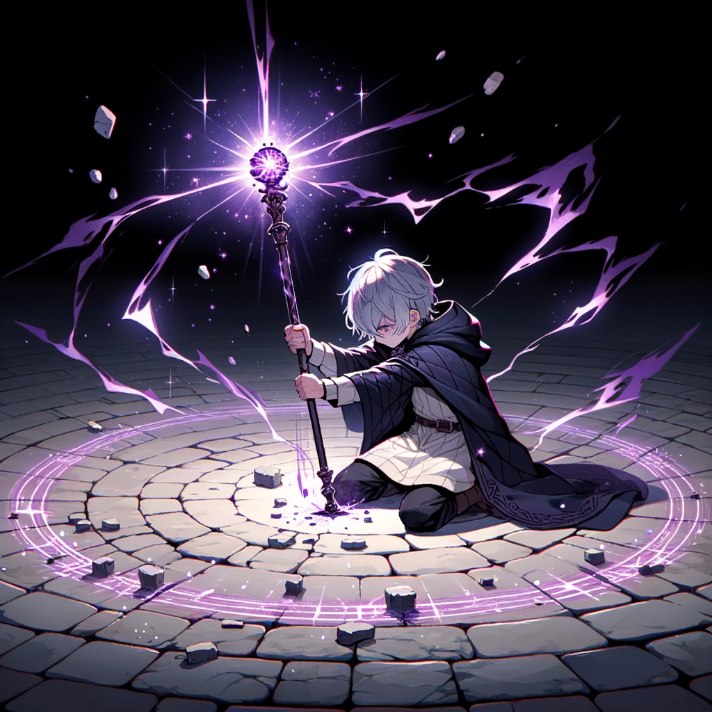 虛空初嘯驚天地，紫芒爆裂石板碎。銀髮少年單膝跪，杖首衝擊破長空。