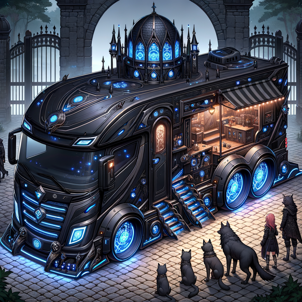 黑色方舟橫陳古道，符文流光似星辰綴滿車身。魔晶輪轉，獸人圍觀，異世風華一覽無遺。