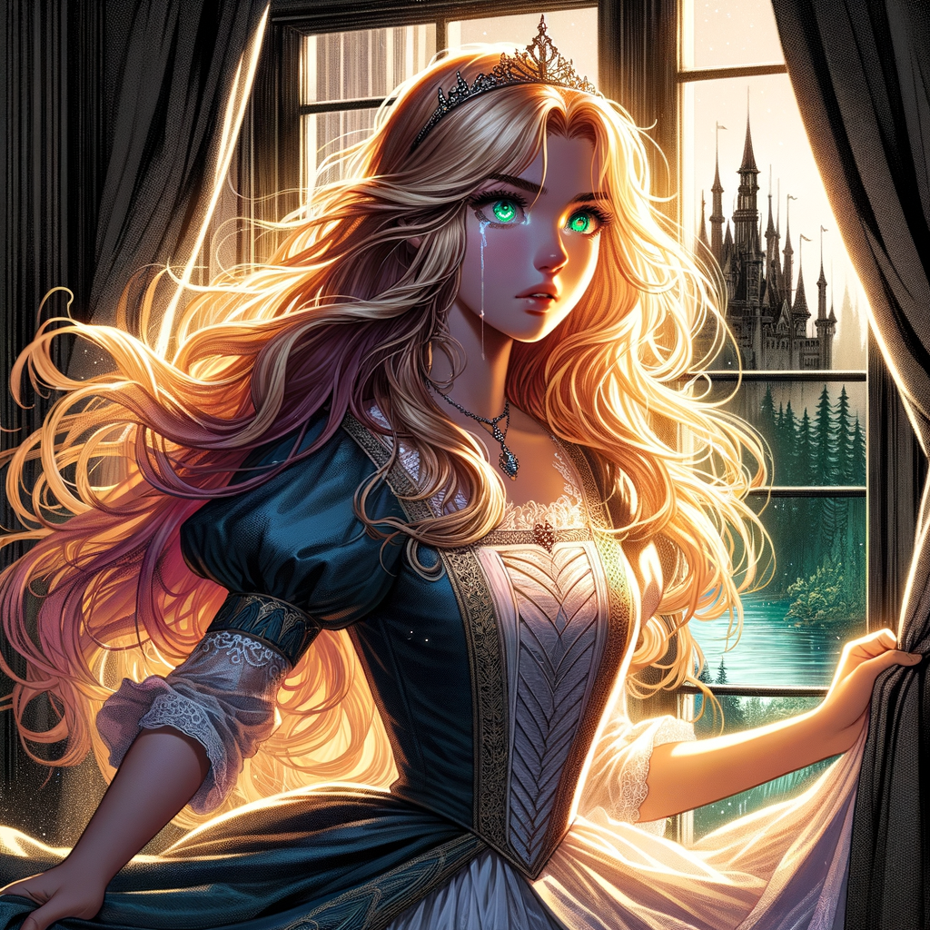 公主憑窗望遠林，金髮流光眸含淚。玉手攥裙心漸定，迷茫化作決然意。