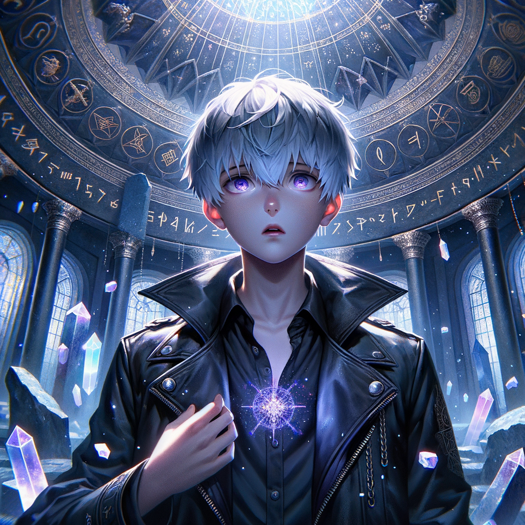 霜月初醒，銀髮少年於黑曜祭壇緩緩睜眸。穹頂魔晶流光溢彩，古符文如星河閃爍，紫芒於胸前消散如曉露。