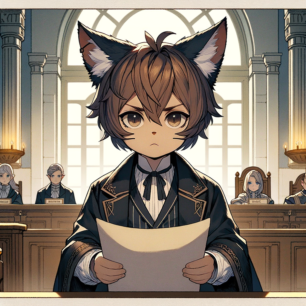 雙耳豎立神情肅，卷軸在握報情真。議事廳內燭火搖，少女眸中藏千機。