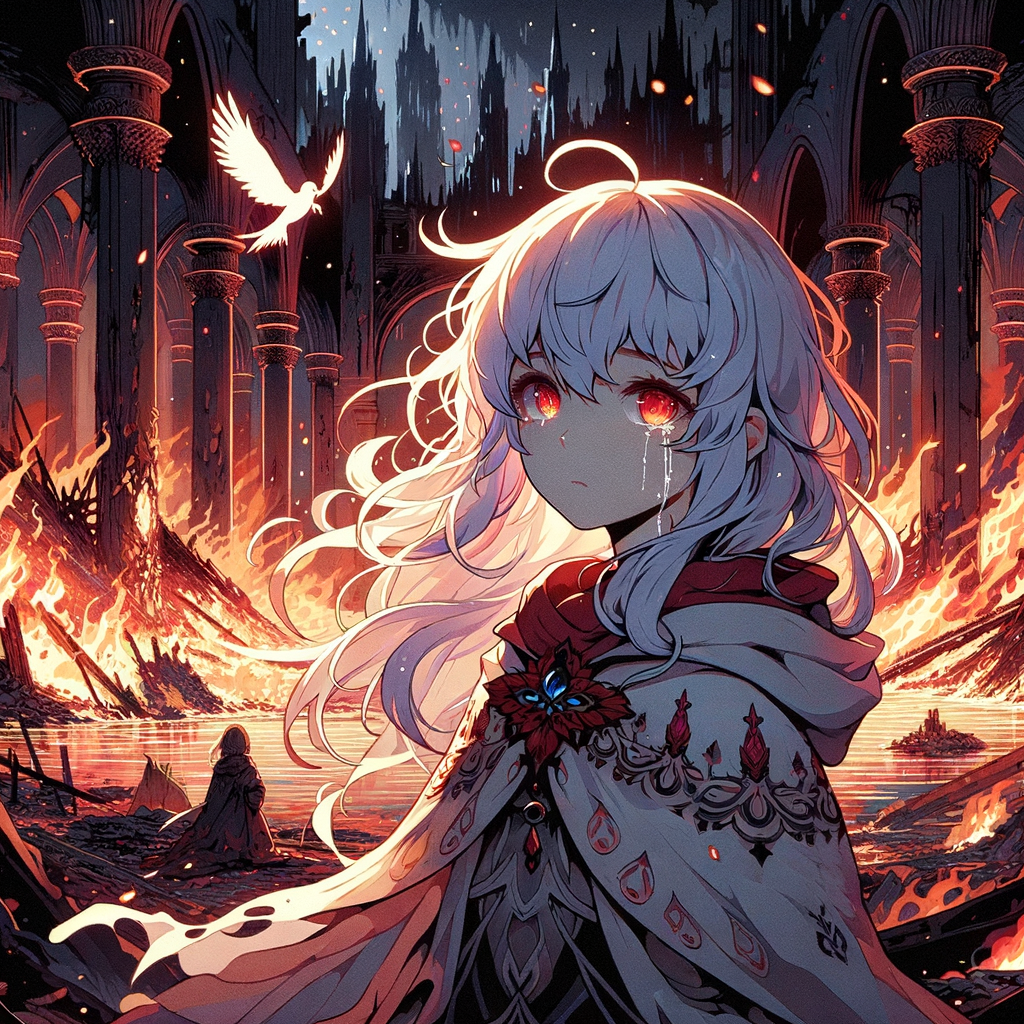 Flames devour the world that was—white-haired child stands amid ruins. Crimson eyes brim but refuse to fall, forged in fire into something unbreakable.
