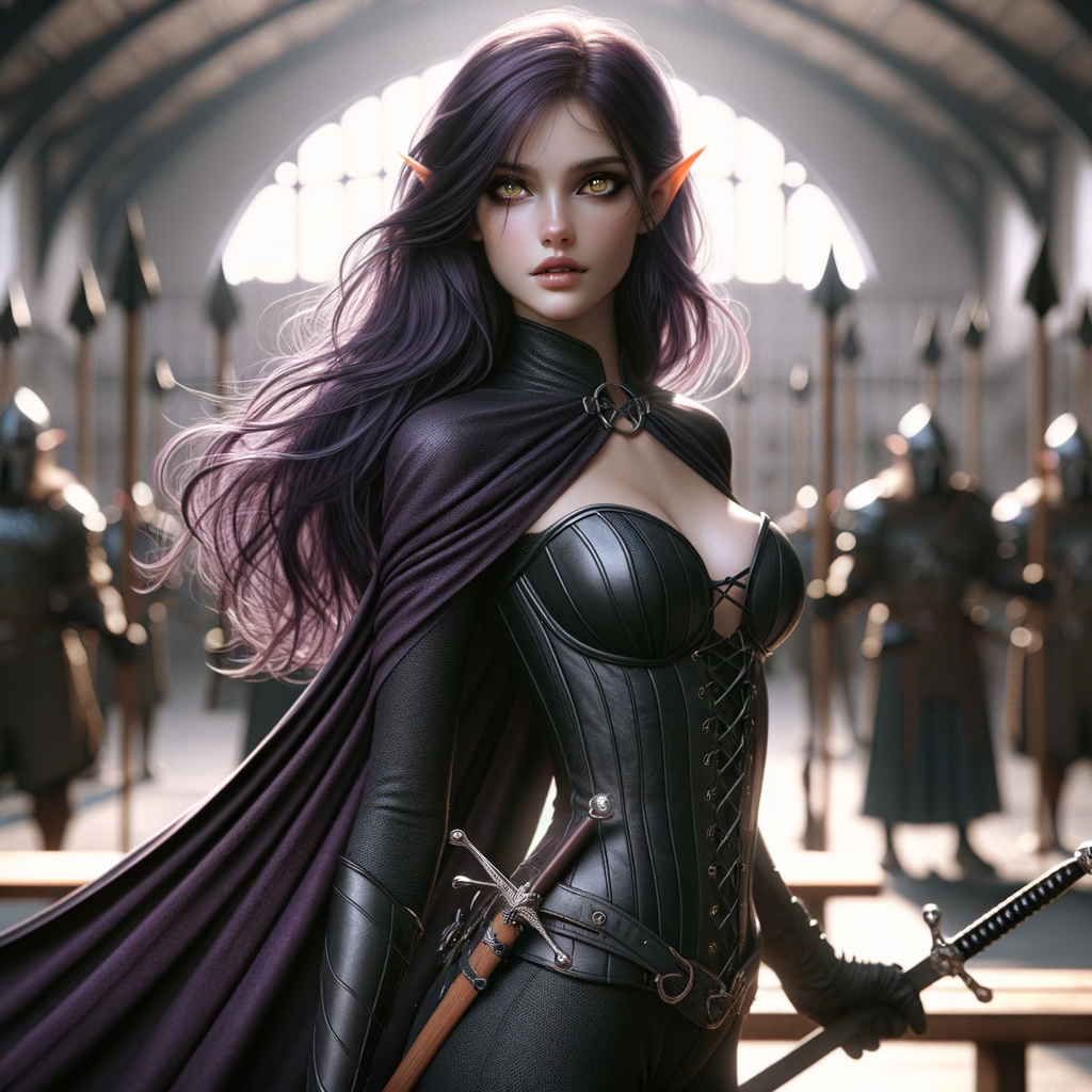 暗精靈公主劍舞翩然，紫髮如瀑月華流轉。琥珀雙眸冷若寒星，一劍破風四座皆驚。