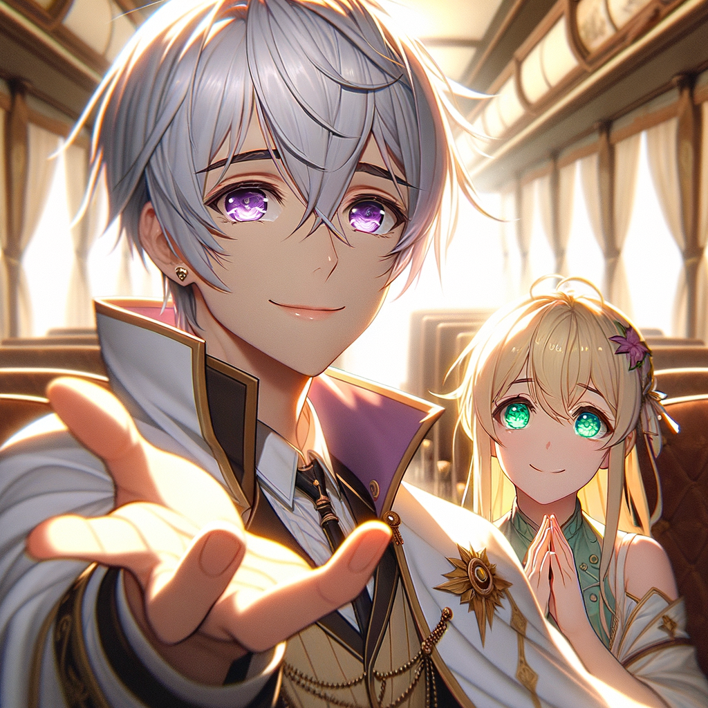 銀髮少年伸出手，柔光暖意撫驚魂。金髮少女淚眼望，車內昏暗燭影重。