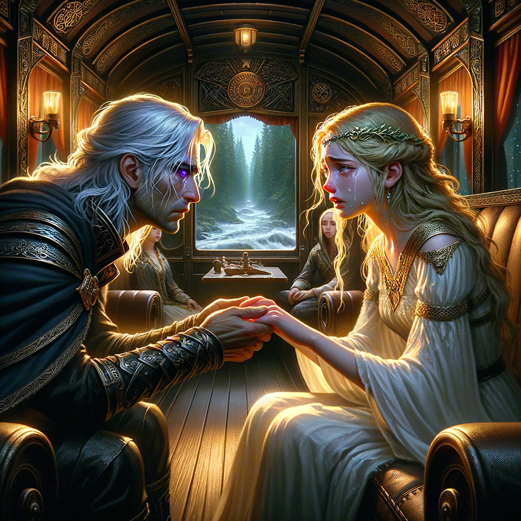 金髮公主立於堂前，碧眸清澈藏憂思。銀鹿項鍊貼頸閃爍，白裙曳地端莊若蓮。