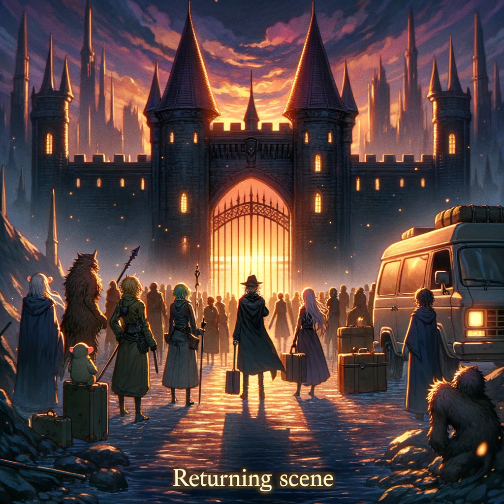 黑森堡前歸人至，夕照染城如金紗。斐多率眾列隊迎，遊子歸鄉萬感懷。