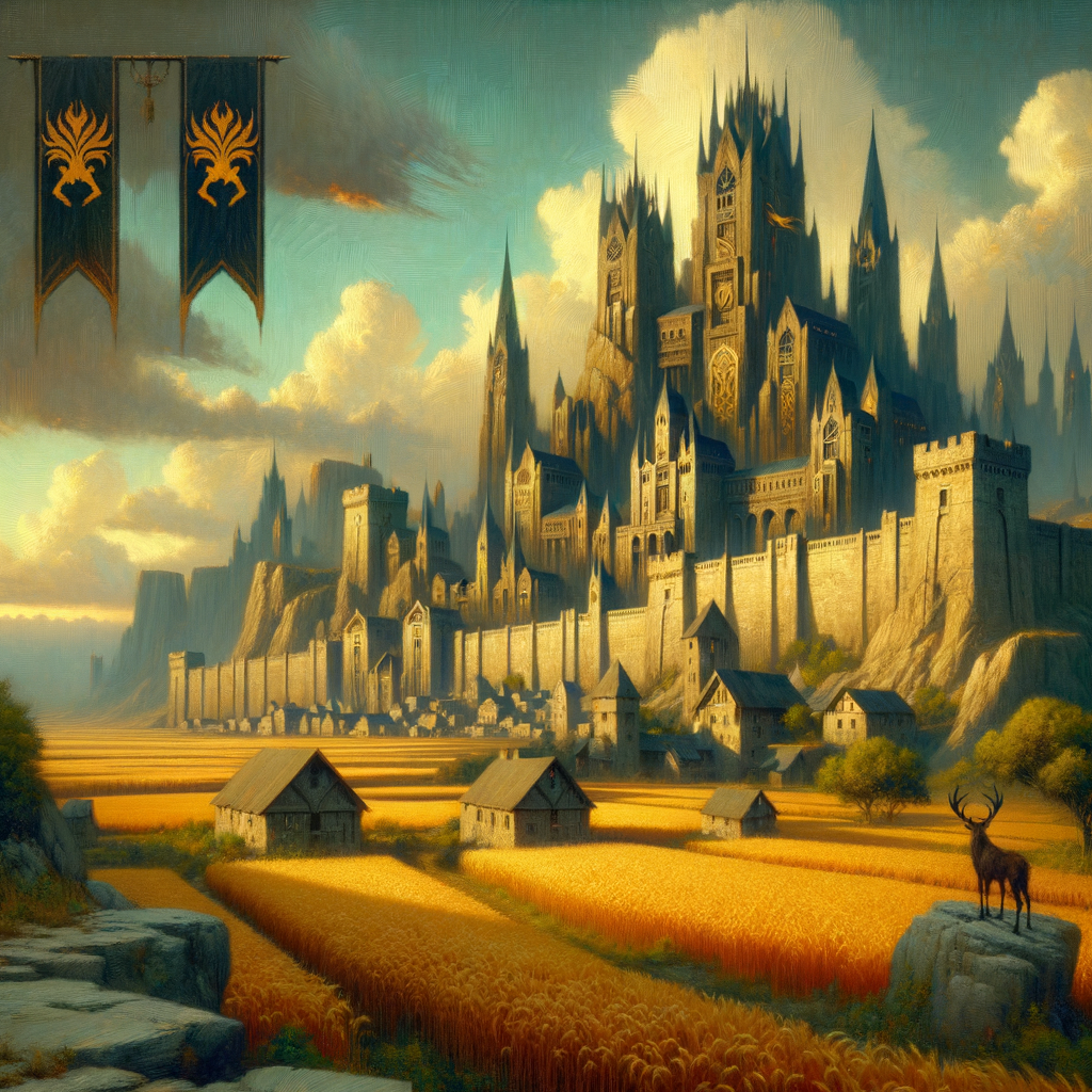 錫安古城沐浴夕照，白牆鍍金輝煌如夢。麥浪翻滾風車徐轉，雄鹿旗幟高懸塔尖。