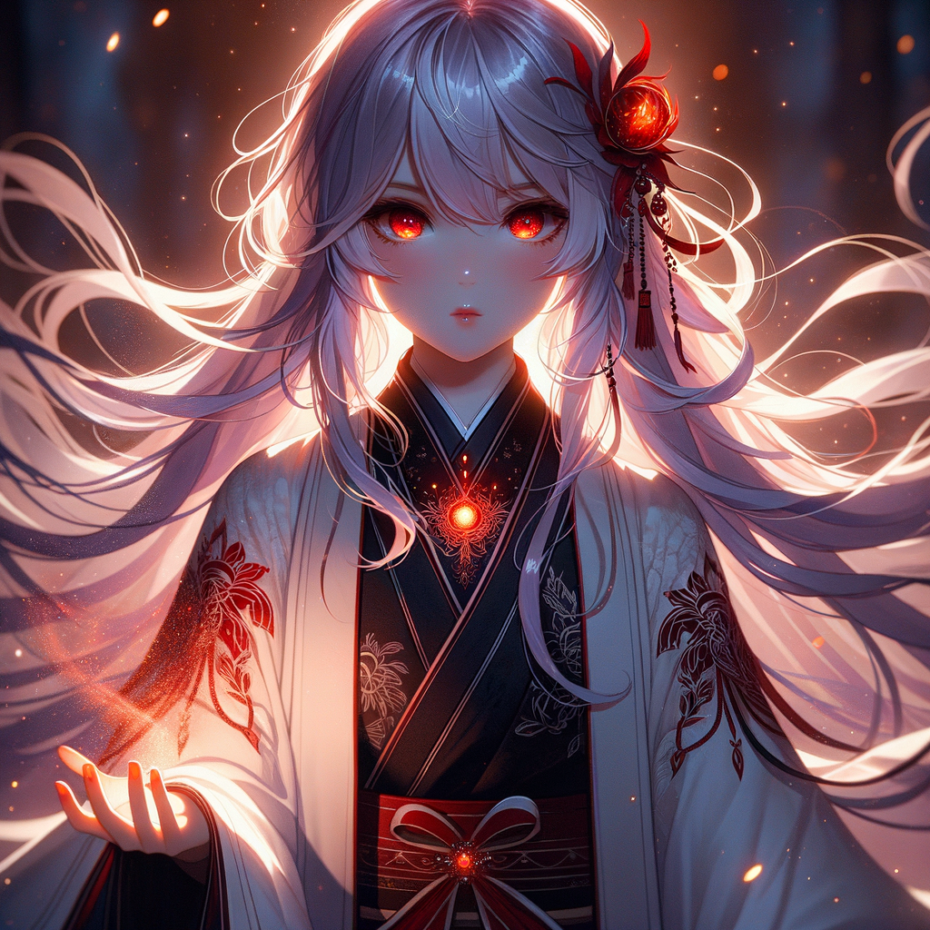 白髮魔女笑裡藏鋒，赤瞳燃燒如熔岩流淌。指尖火精靈躍動，冰與焰交織危險美。