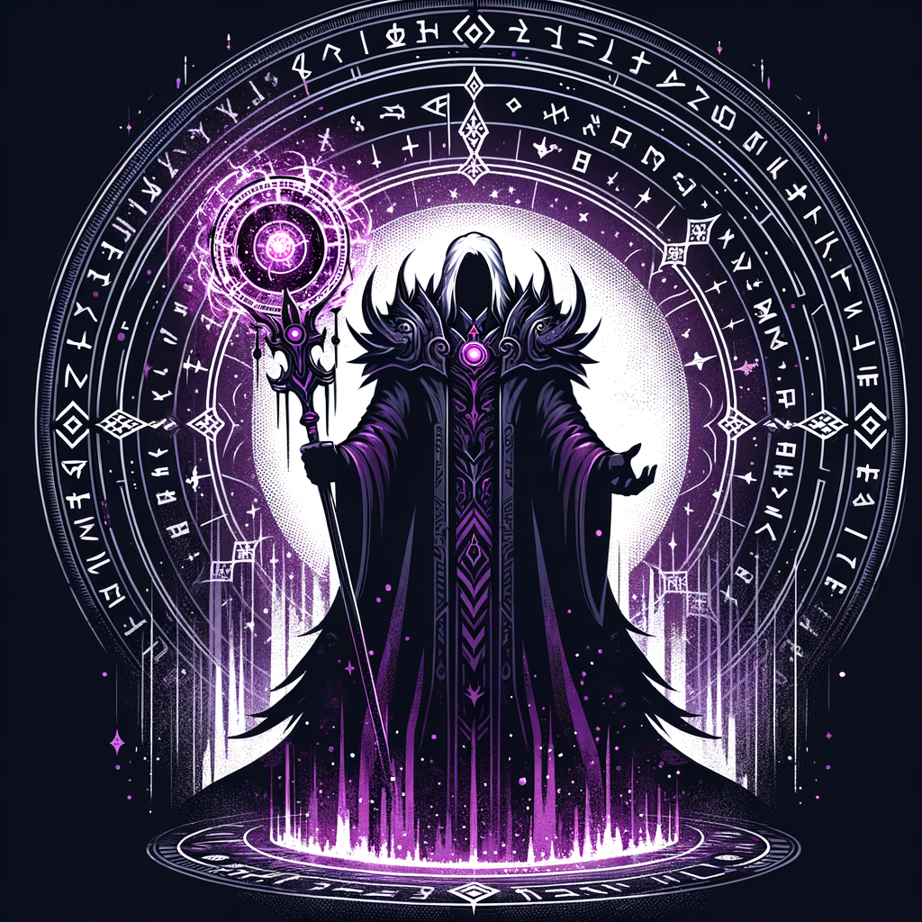 初代魔王幻影現，銀髮巍峨紫光繞。虛空原杖在手持，符文陣中威壓來。