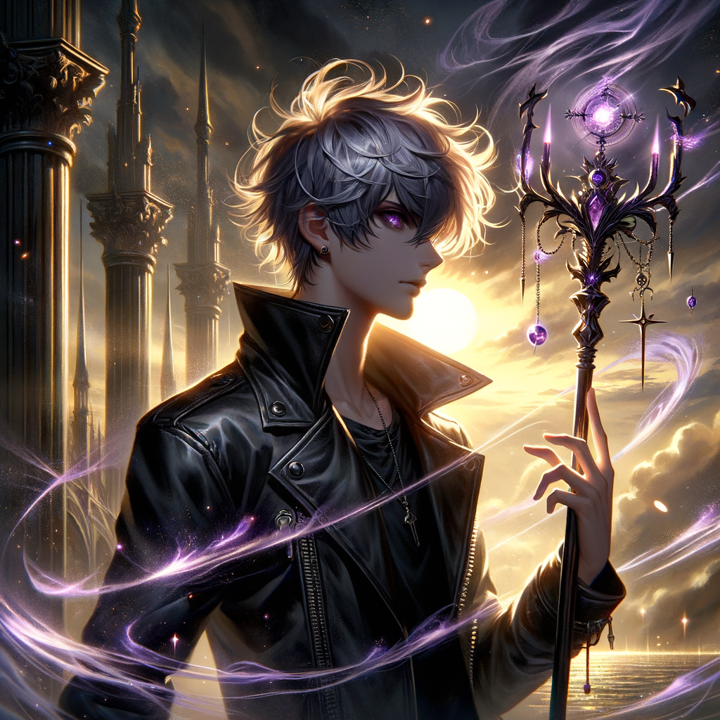 虛空權杖初入手，紫電纏身若龍蟠。少年銀髮御風舞，目含星河誓蒼天。黑石高塔為背景，魔力結界護城全。